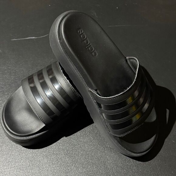 Adidas Adilette Platform Slides Black 3-Stripes Women’s 8 - Picture 1 of 7